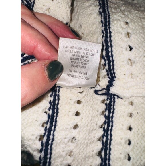 Francesca's Alya Bethenney Crochet Stitch Cream, Navy Yellow Sweater L Open Knit - Picture 9 of 9